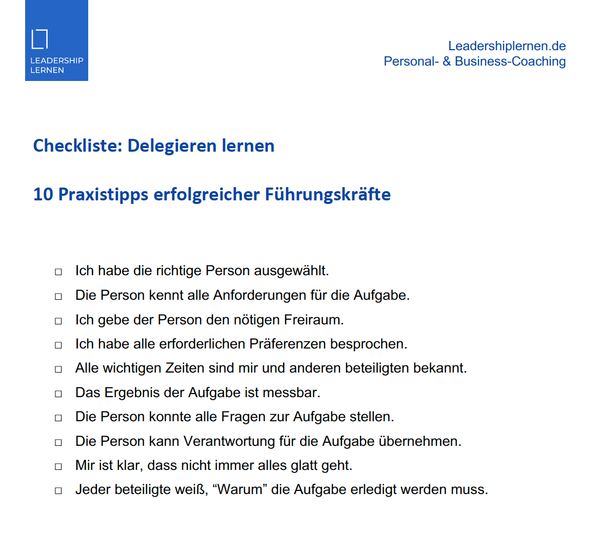 Checkliste - delegieren lernen - für wirksame Führung auf Augenhöhe